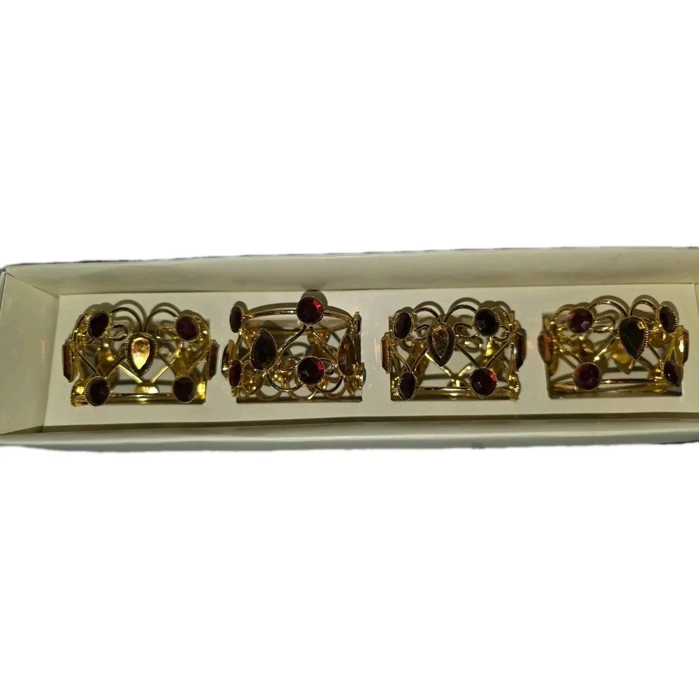 Pier 1 Imports Jeweled Napkin Rings Gold Filigree, Amber & Garnet Beads Set of 4